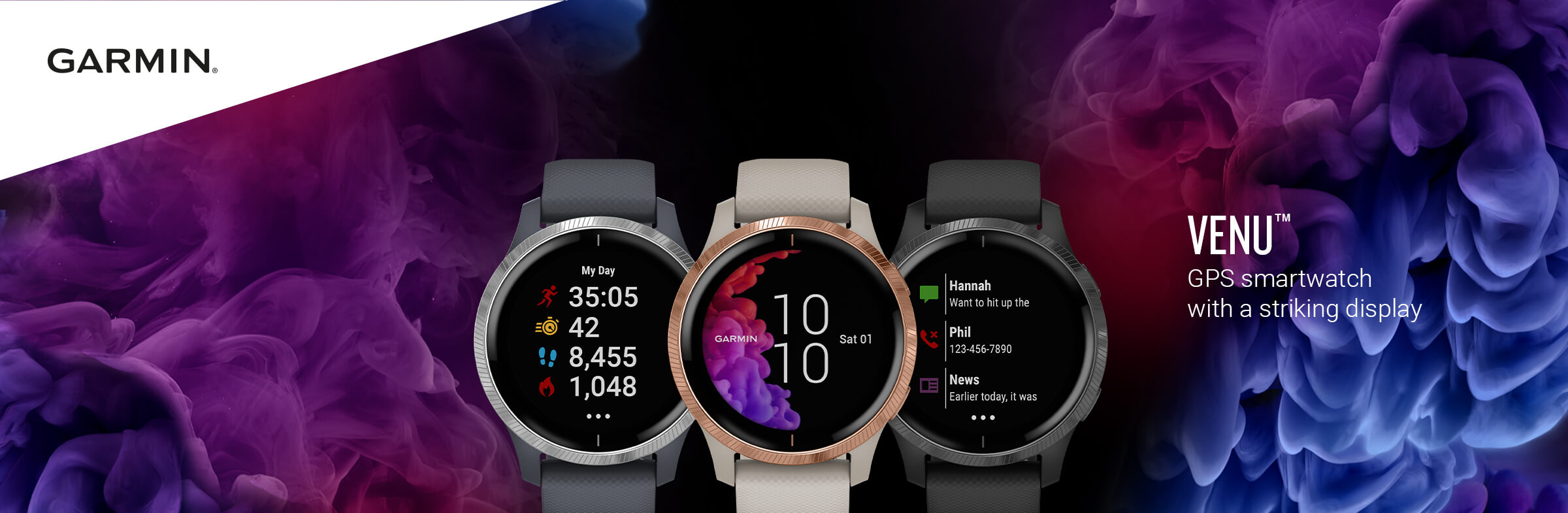 Three Garmin Watches on Purple Background