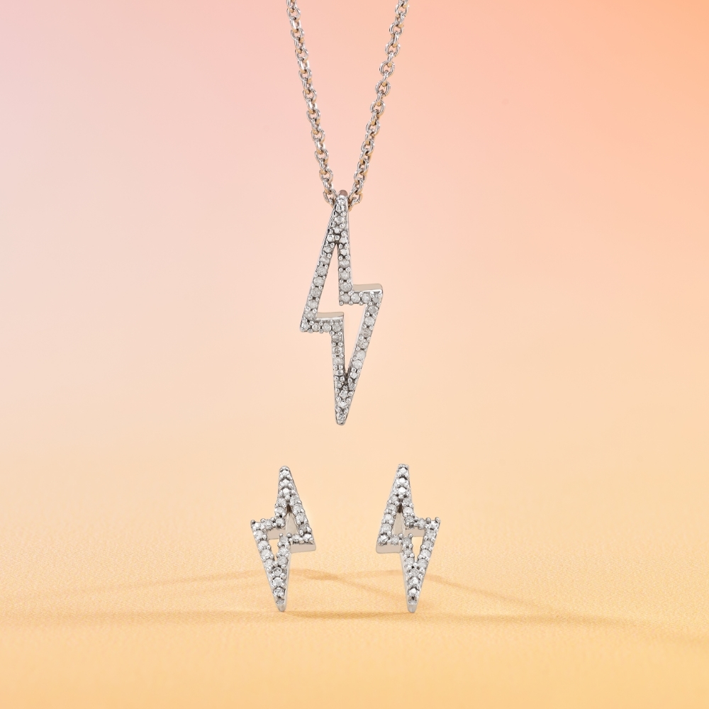 Silver diamond lightning bolt necklace and earrings